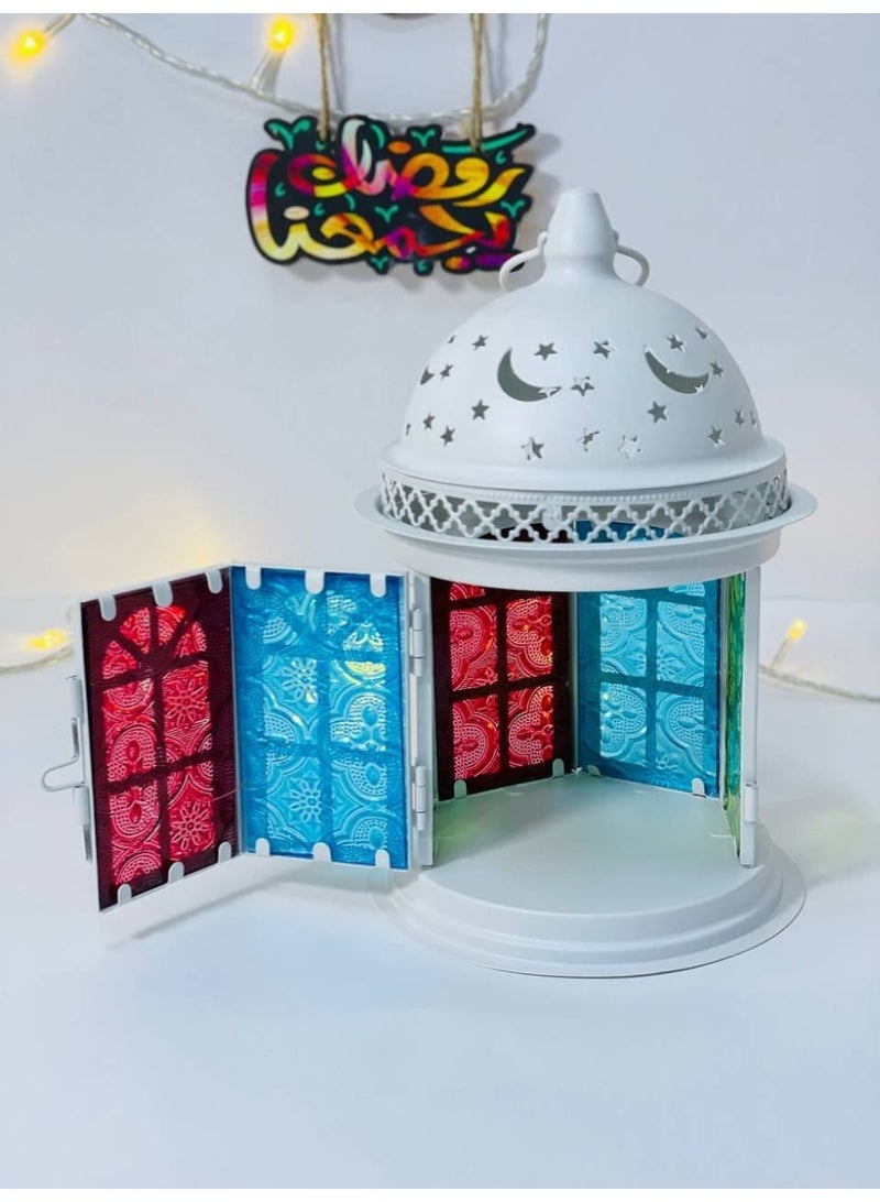 Metal Ramadan Lantern  Round white color, candle holder, lantern with colored glass. Size: 20 cm - Image 1